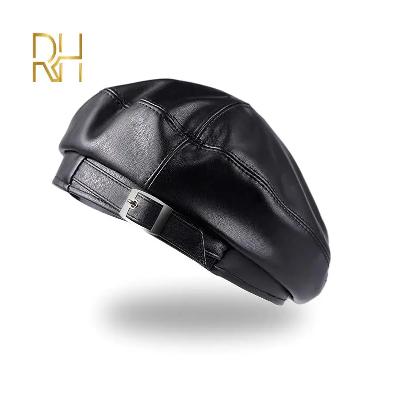 Temperament vintage Leather Buckle PU Leather Beret Women's Autumn and Winter Fashion Easy Match Flat Top Painter Hat RH