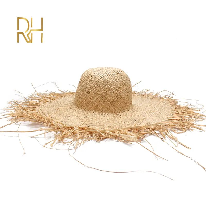 Natural Raffia Women Straw Sun Hats Large Wide Brim Raw Edge Handmade Beach Caps For Holiday