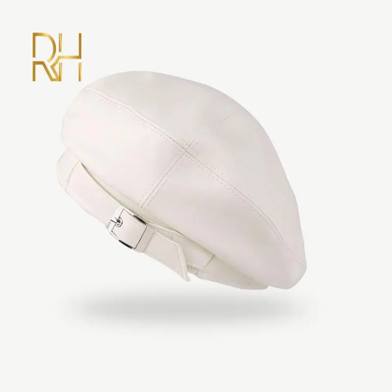 Temperament vintage Leather Buckle PU Leather Beret Women's Autumn and Winter Fashion Easy Match Flat Top Painter Hat RH