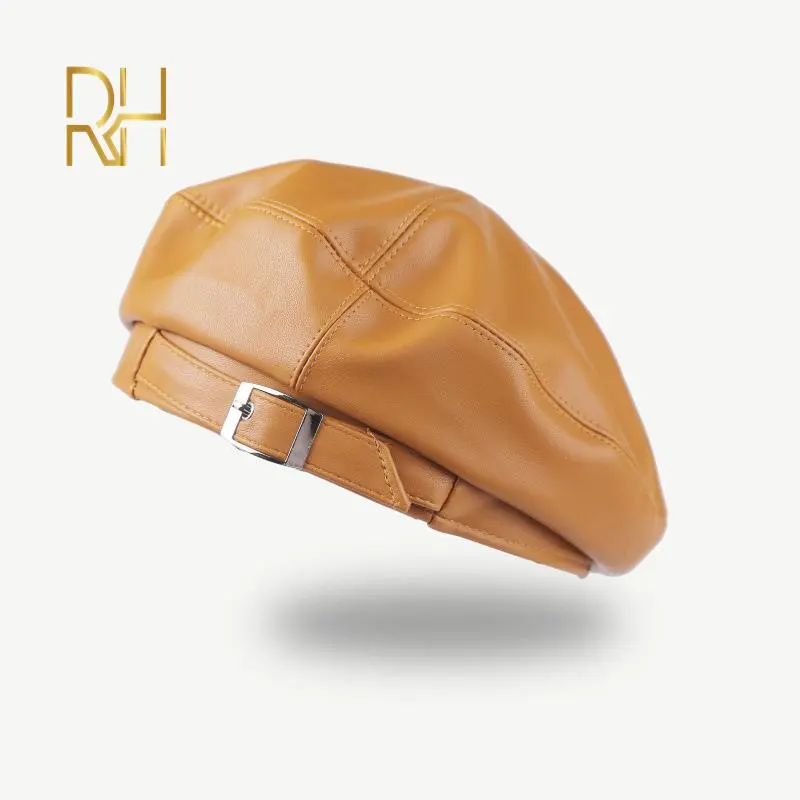 Temperament vintage Leather Buckle PU Leather Beret Women's Autumn and Winter Fashion Easy Match Flat Top Painter Hat RH