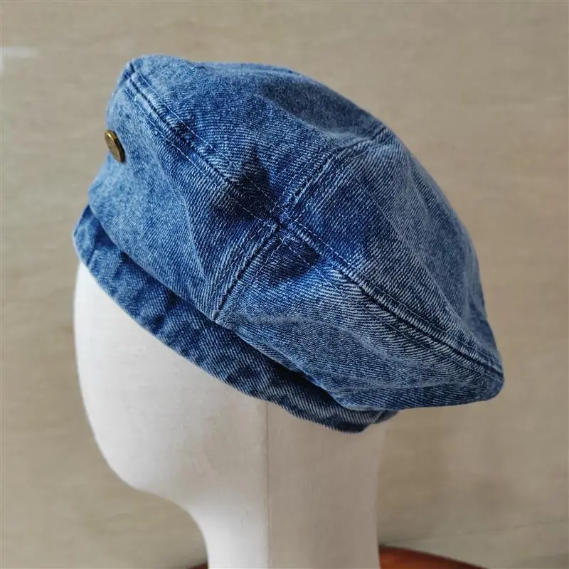 Women Big Head Edition New Cowboy Wash Denim Blue Beret Autumn Casual Belle Adjustable Thick Soft Painter Hat