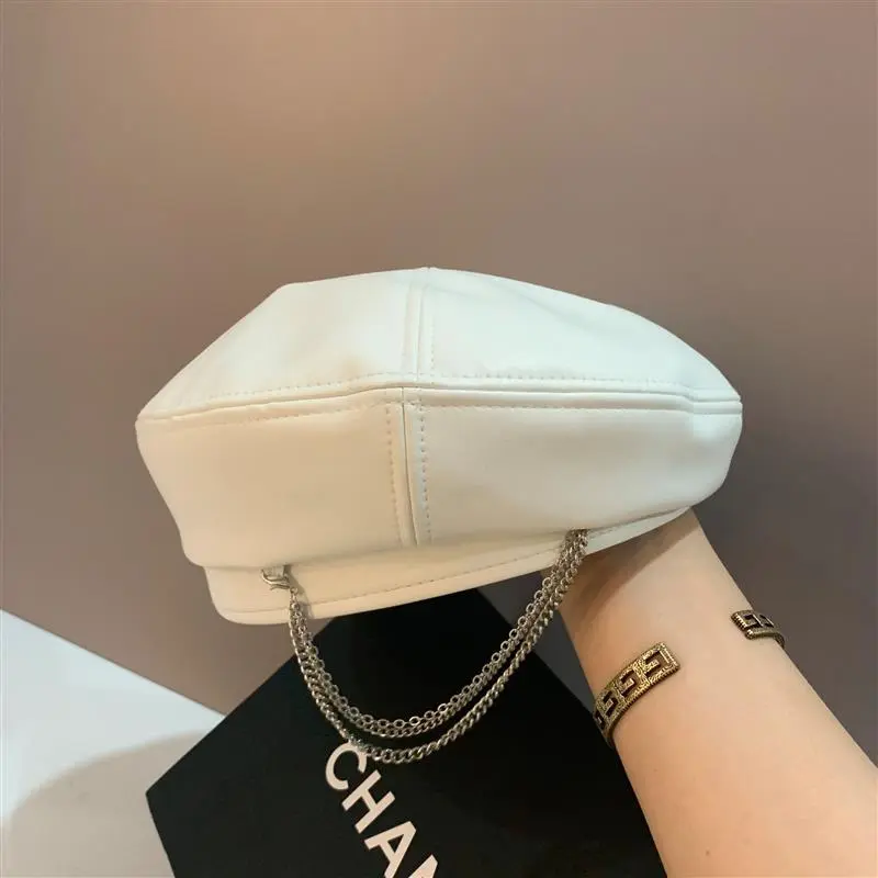 Temperament vintage Leather Buckle PU Leather Beret Women's Autumn and Winter Fashion Easy Match Flat Top Painter Hat RH