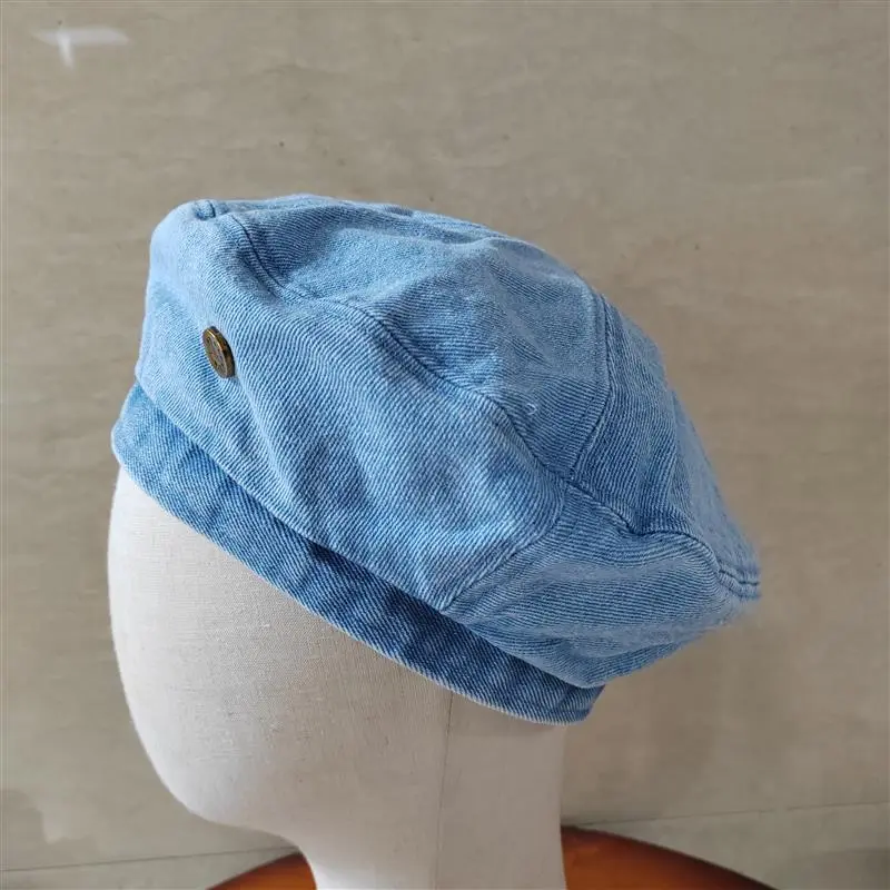 Women Big Head Edition New Cowboy Wash Denim Blue Beret Autumn Casual Belle Adjustable Thick Soft Painter Hat