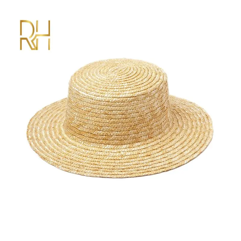 RH Summer Classical Simple Plain Boater Wheat Straw Hat Flat Top Casual Female Hat Vacation Style Light Beach Hat For DIY