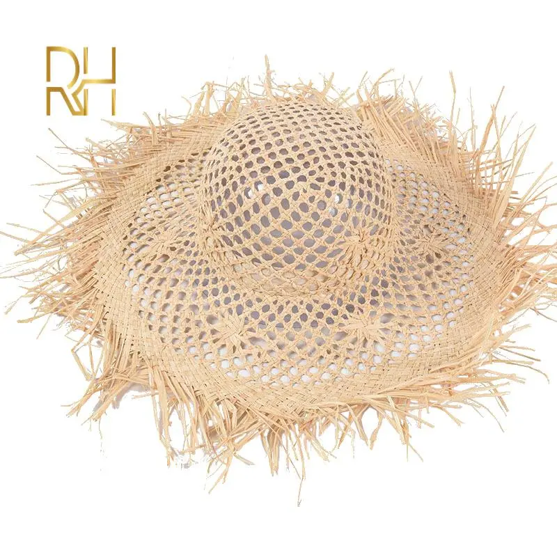 Natural Raffia Women Straw Sun Hats Large Wide Brim Raw Edge Handmade Beach Caps For Holiday