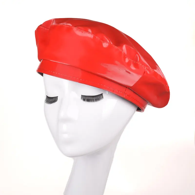 Lady mirror PU leather beret female spring autumn Winter Ski casual hat fashion French Artist painter glossy leather Beret Cap