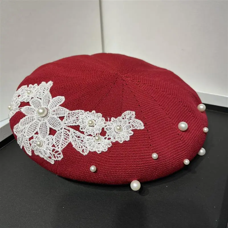 RH New Spring Summer Beret Retro Lace Embroidery Pearls French Party Outdoor Painter Handmade Elegant Knit Beret Hat