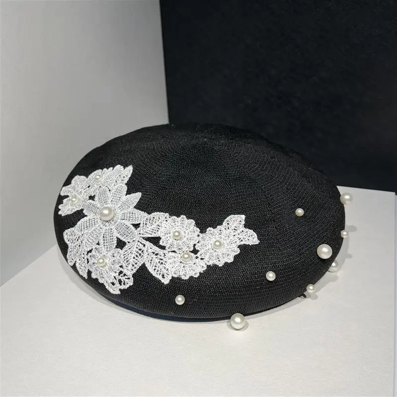 RH New Spring Summer Beret Retro Lace Embroidery Pearls French Party Outdoor Painter Handmade Elegant Knit Beret Hat
