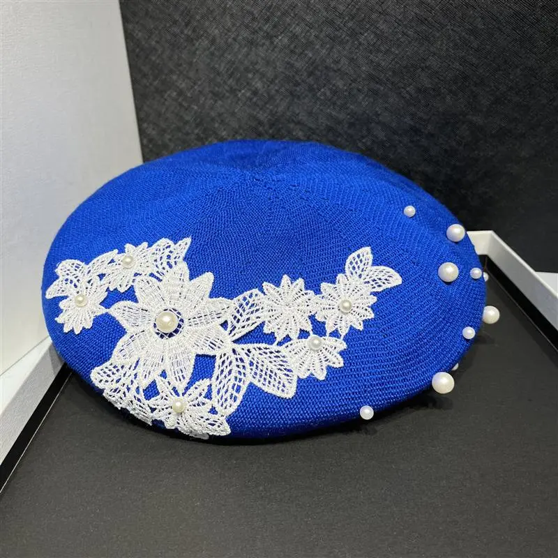 RH New Spring Summer Beret Retro Lace Embroidery Pearls French Party Outdoor Painter Handmade Elegant Knit Beret Hat