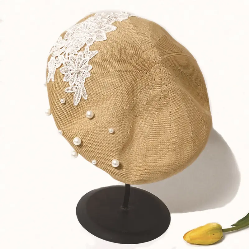 RH New Spring Summer Beret Retro Lace Embroidery Pearls French Party Outdoor Painter Handmade Elegant Knit Beret Hat