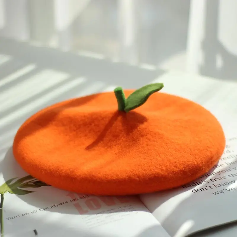 Fresh Cute Fruit Girl Soft Painter Hat Lovely Wool Felt Orange Pink Gift Green Leaf Handmade Warm Beret Ladies