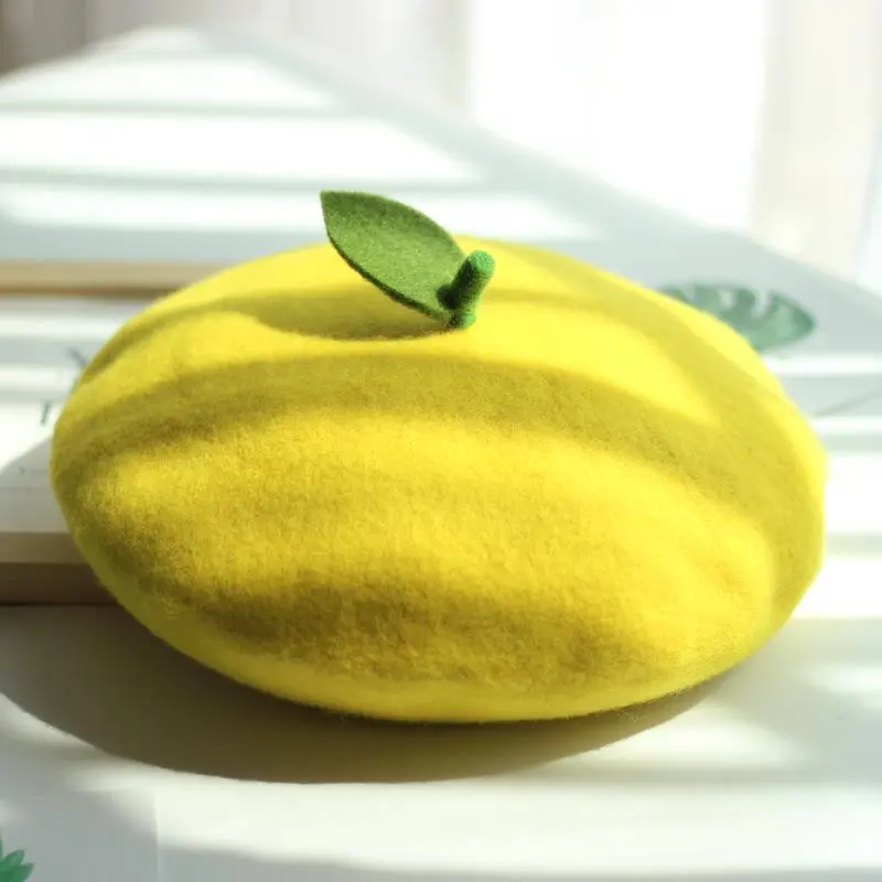 Fresh Cute Fruit Girl Soft Painter Hat Lovely Wool Felt Orange Pink Gift Green Leaf Handmade Warm Beret Ladies