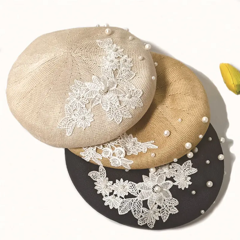 RH New Spring Summer Beret Retro Lace Embroidery Pearls French Party Outdoor Painter Handmade Elegant Knit Beret Hat