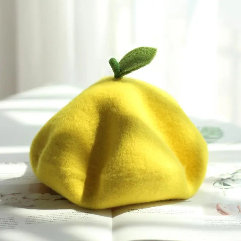Fresh Cute Fruit Girl Soft Painter Hat Lovely Wool Felt Orange Pink Gift Green Leaf Handmade Warm Beret Ladies
