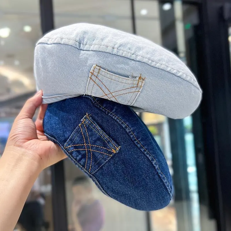 2023 Retro Denim Berets Hat Casual Autumn Shade Painter Cap Korean Solid Color Octagonal Women's Painter Hats