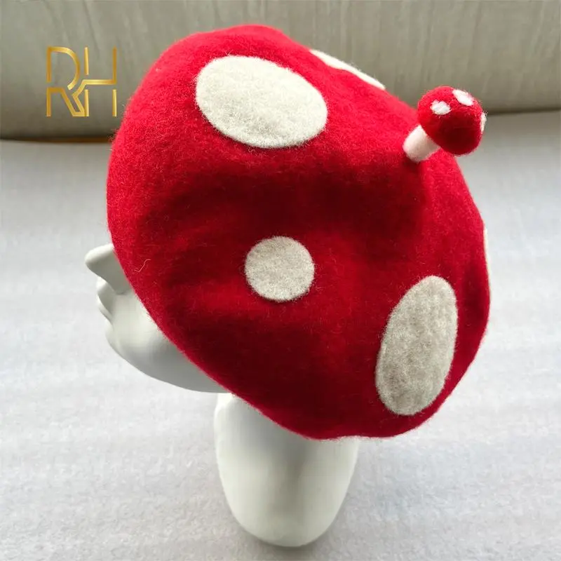 RH Ladies Cute Mushrooms Red Handmade Wool Felt Beret Creative Painter Hat Girls Birthday Gift Warm Cap For Autumn Winter