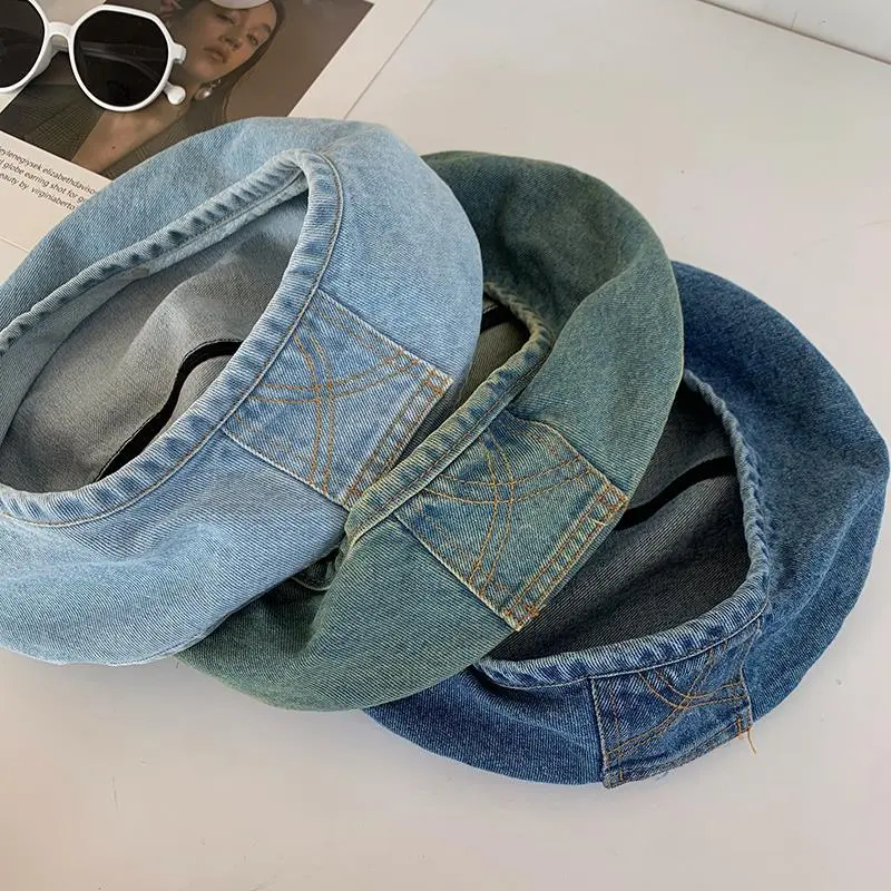 2023 Retro Denim Berets Hat Casual Autumn Shade Painter Cap Korean Solid Color Octagonal Women's Painter Hats