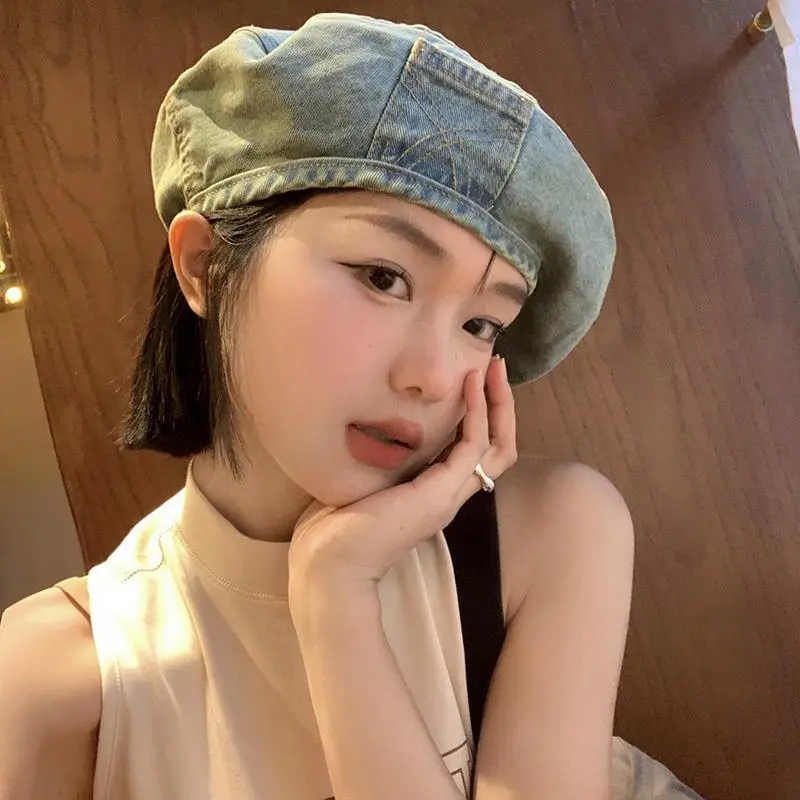 2023 Retro Denim Berets Hat Casual Autumn Shade Painter Cap Korean Solid Color Octagonal Women's Painter Hats