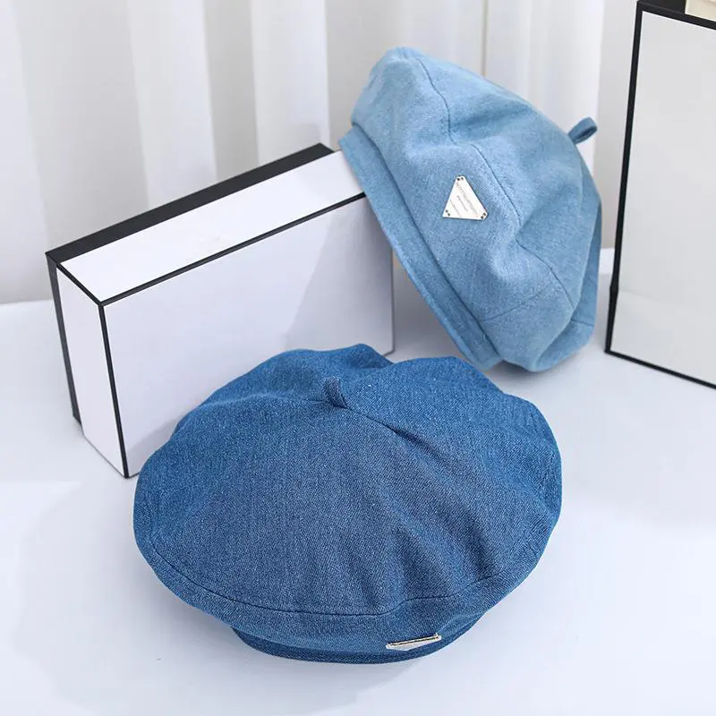 Female Beret Denim Blue Minority Alphabet Triangle Painter Cap Retro Casual Spring Summer Vintage Octagonal Cap