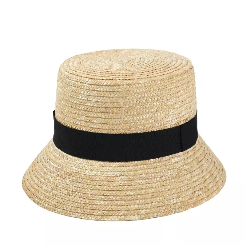 French Retro Straw Hat Straw Bucket Cap Women Summer Sunshade Holiday Beach Hat With Black Ribbon