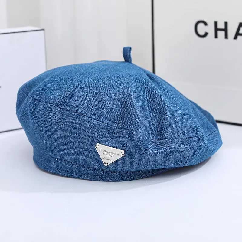 Female Beret Denim Blue Minority Alphabet Triangle Painter Cap Retro Casual Spring Summer Vintage Octagonal Cap