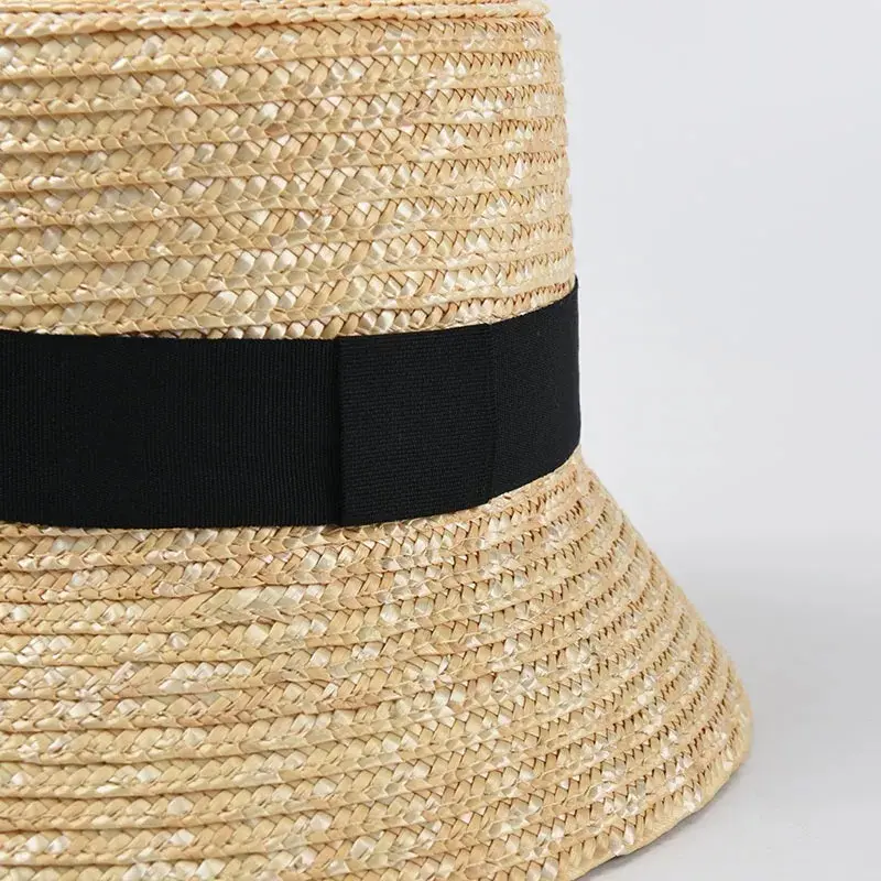 French Retro Straw Hat Straw Bucket Cap Women Summer Sunshade Holiday Beach Hat With Black Ribbon