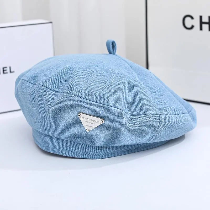 Female Beret Denim Blue Minority Alphabet Triangle Painter Cap Retro Casual Spring Summer Vintage Octagonal Cap