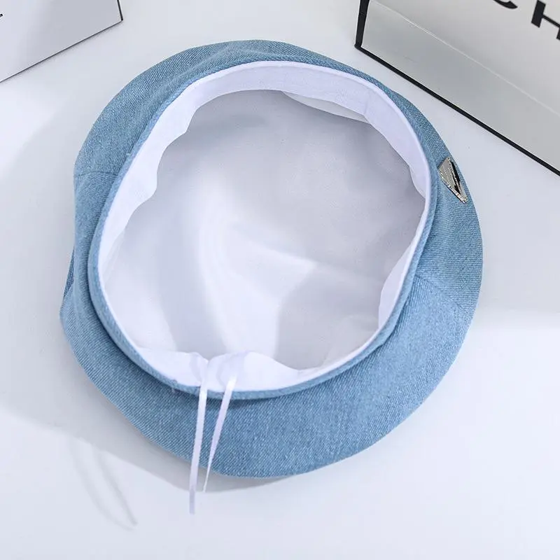 Female Beret Denim Blue Minority Alphabet Triangle Painter Cap Retro Casual Spring Summer Vintage Octagonal Cap