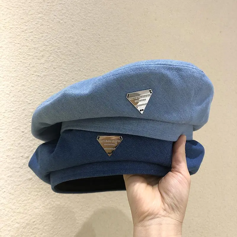 Female Beret Denim Blue Minority Alphabet Triangle Painter Cap Retro Casual Spring Summer Vintage Octagonal Cap