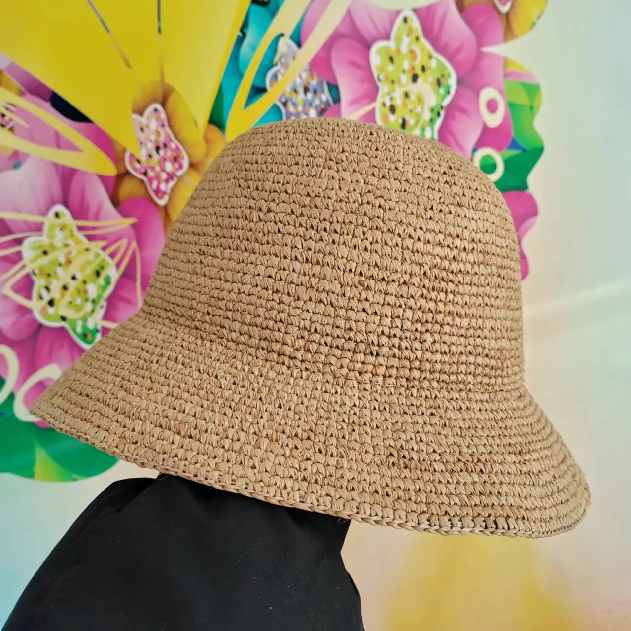Handmade Ladies Crochet Natural Raffia Straw Bucket Hat For Spring Summer Beach Floppy fisherman Caps