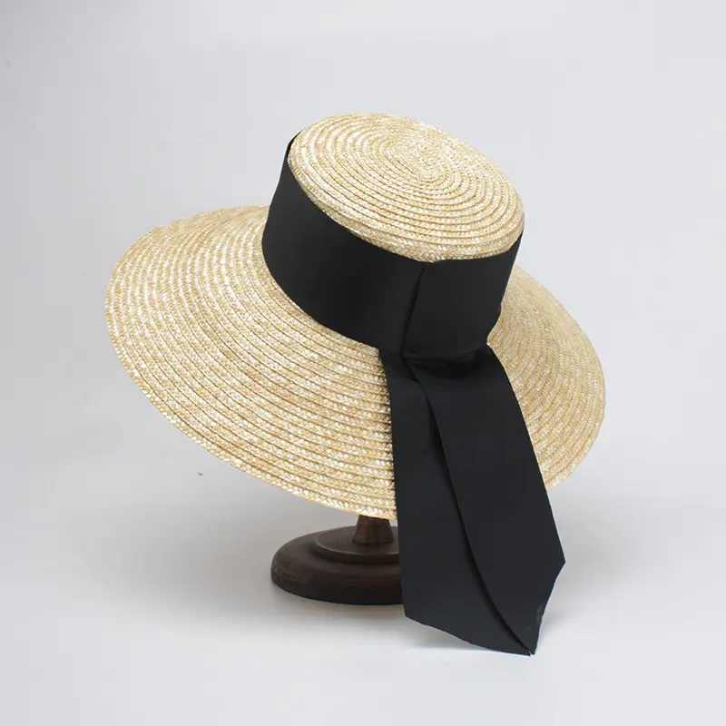 European American Style Wide Bow Tie Ribbon Flat Top Large Brim Straw Hat Sun Protection Big Natural Wheat Straw Hat
