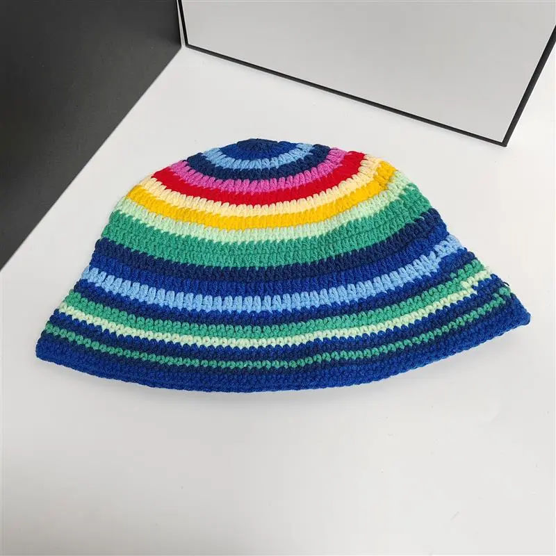 Women Hand Crochet Striped Contrast Fisherman Hat Blue Diamond Basin Rainbow Knit Fashion Bucket Hat