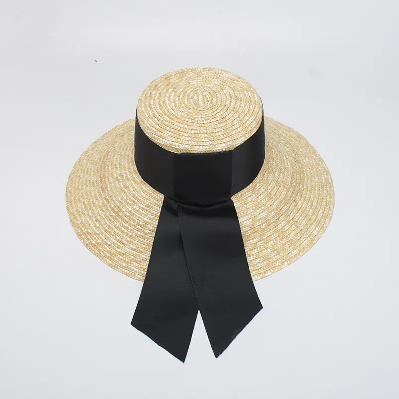 European American Style Wide Bow Tie Ribbon Flat Top Large Brim Straw Hat Sun Protection Big Natural Wheat Straw Hat