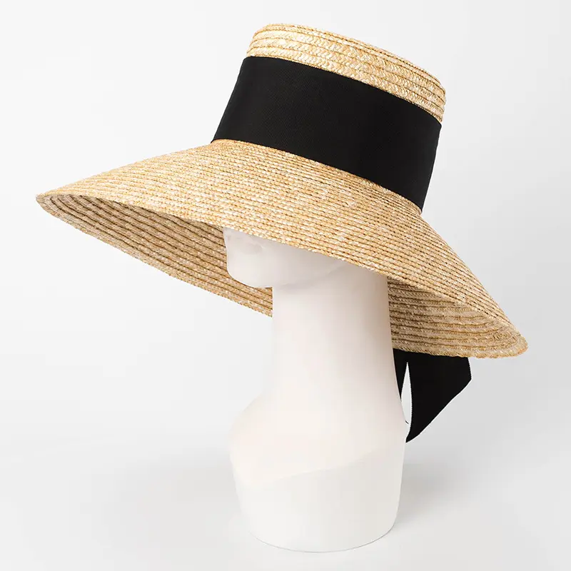 European American Style Wide Bow Tie Ribbon Flat Top Large Brim Straw Hat Sun Protection Big Natural Wheat Straw Hat
