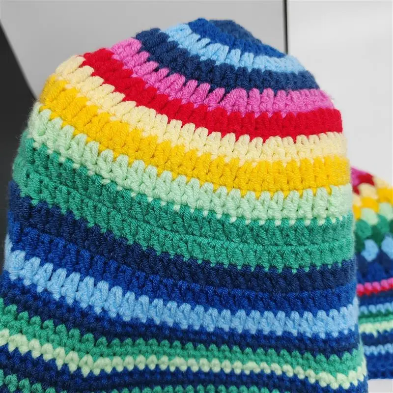 Women Hand Crochet Striped Contrast Fisherman Hat Blue Diamond Basin Rainbow Knit Fashion Bucket Hat