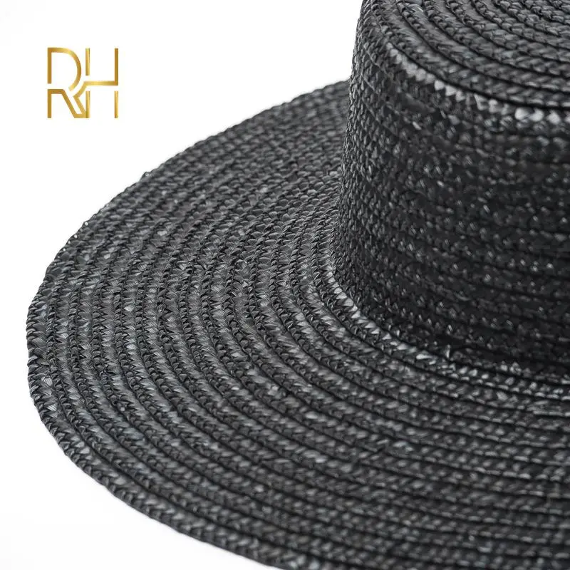 Lady kids Fashion Black Wheat Boater straw hat out Flat top cap Fedora 5 - 7cm 10cm 13cm brim wide Natural Grass Sun bowler hat
