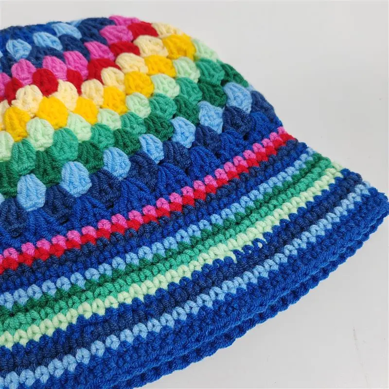 Women Hand Crochet Striped Contrast Fisherman Hat Blue Diamond Basin Rainbow Knit Fashion Bucket Hat