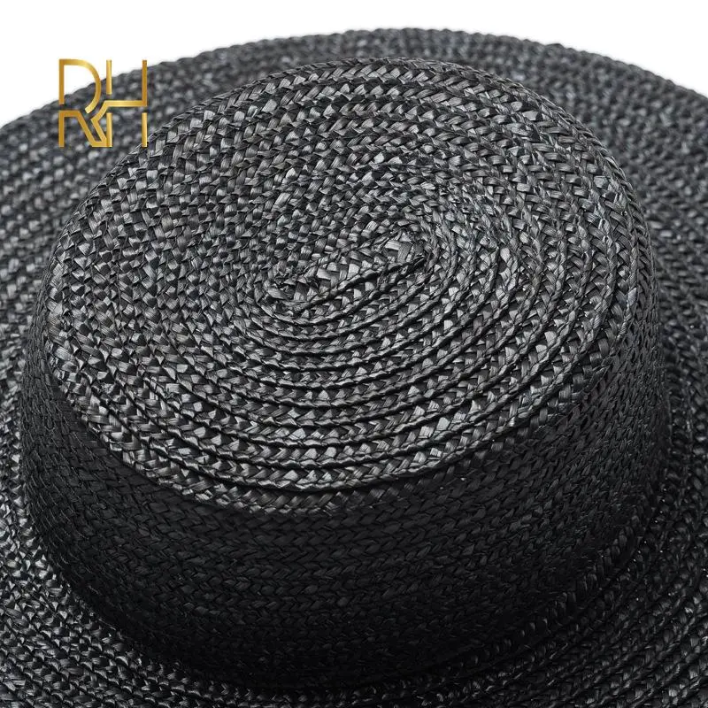 Lady kids Fashion Black Wheat Boater straw hat out Flat top cap Fedora 5 - 7cm 10cm 13cm brim wide Natural Grass Sun bowler hat