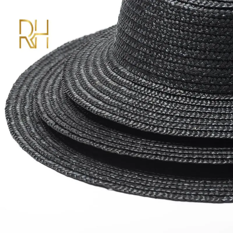 Lady kids Fashion Black Wheat Boater straw hat out Flat top cap Fedora 5 - 7cm 10cm 13cm brim wide Natural Grass Sun bowler hat