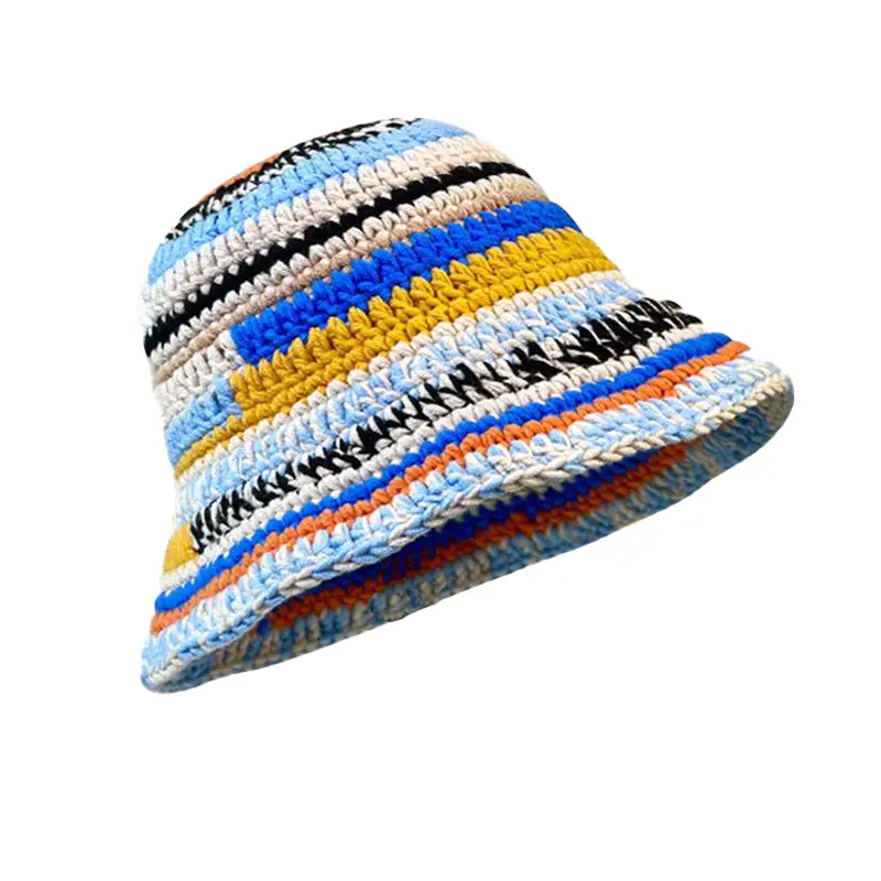 Autumn Winter Colored Handmade Striped Knitted Bucket Hats Versatile Crochet Thick Women Fisherman Hats
