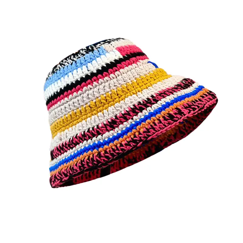 Autumn Winter Colored Handmade Striped Knitted Bucket Hats Versatile Crochet Thick Women Fisherman Hats