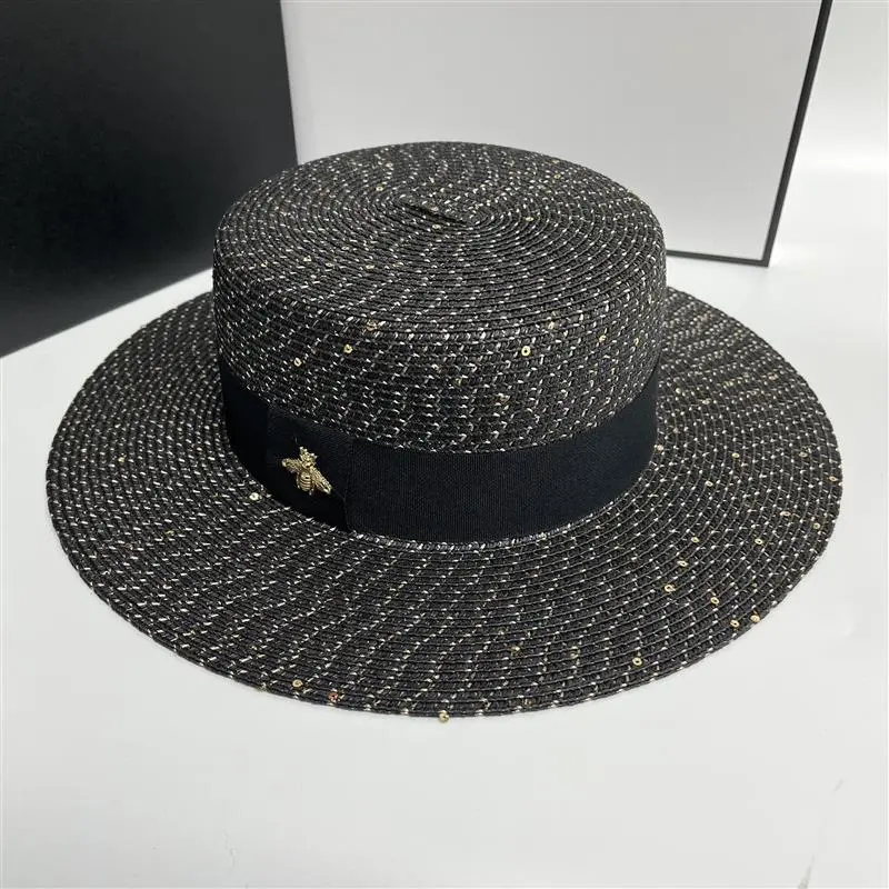 Women's Sun Summer Boater Straw Hat Fashion Shine Gold Flat Top Sunshade Sequins Bee Designer Vacation Panama Beach  Hat