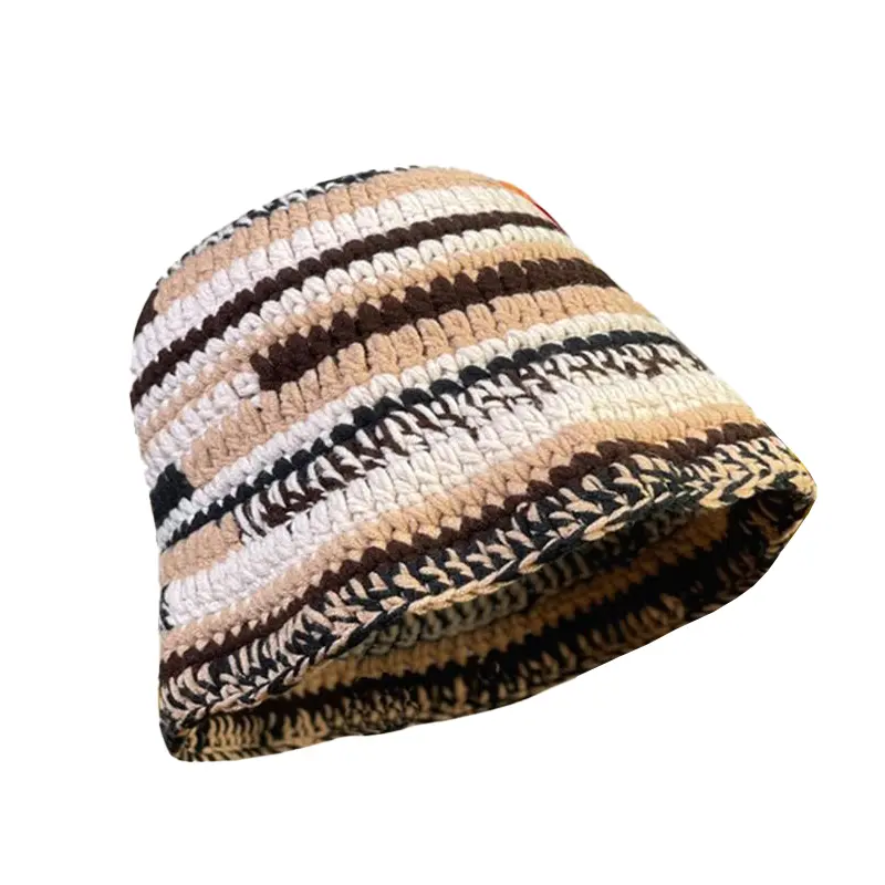 Autumn Winter Colored Handmade Striped Knitted Bucket Hats Versatile Crochet Thick Women Fisherman Hats