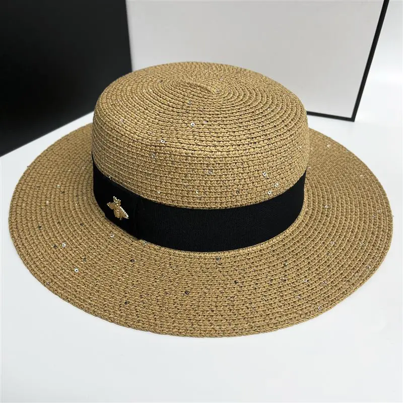 Women's Sun Summer Boater Straw Hat Fashion Shine Gold Flat Top Sunshade Sequins Bee Designer Vacation Panama Beach  Hat