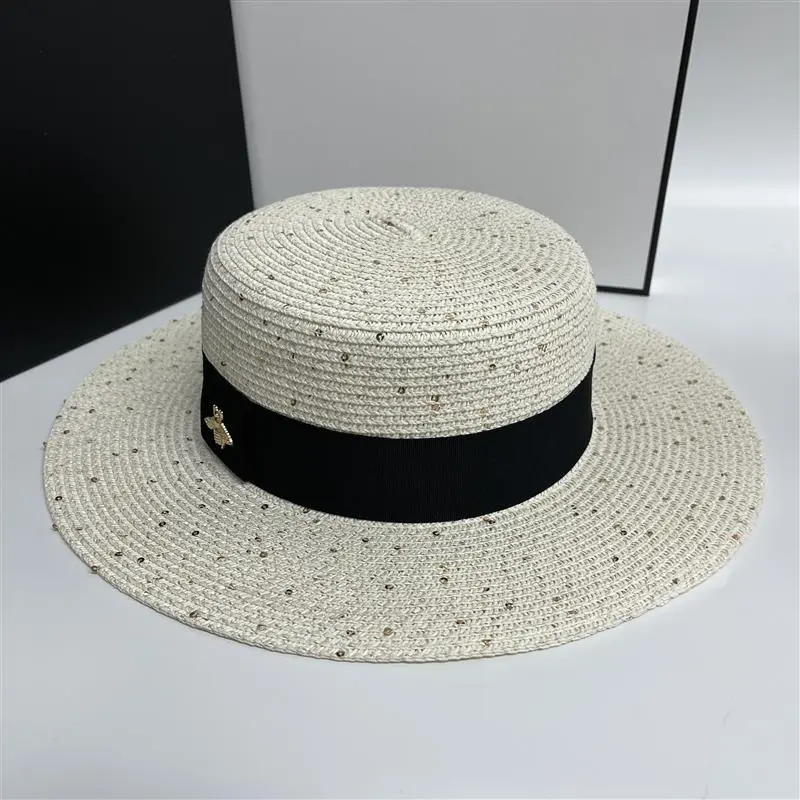 Women's Sun Summer Boater Straw Hat Fashion Shine Gold Flat Top Sunshade Sequins Bee Designer Vacation Panama Beach  Hat