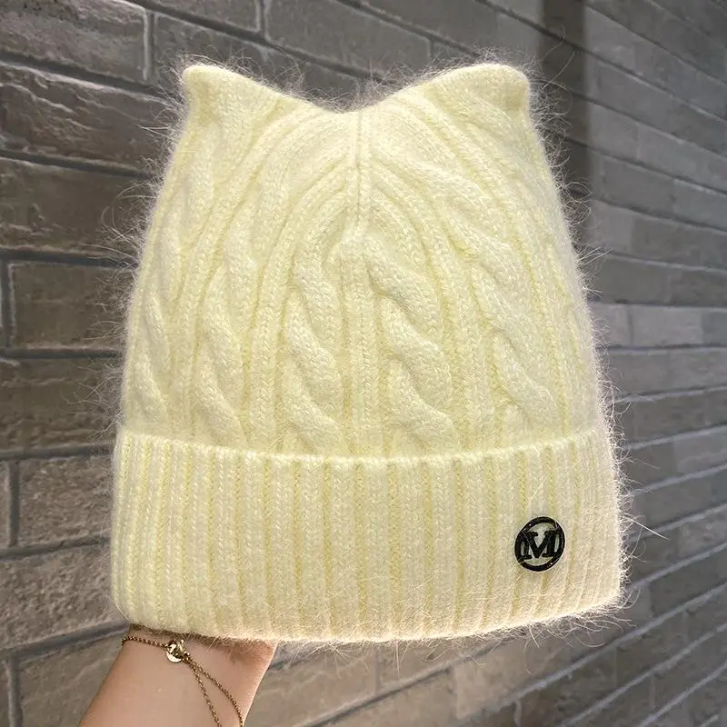 Rabbit Fur Beanies Winter Hat for Woman Cute Ear Letter Knit Hat Bonnet Lady Autumn Winter Warm Skullies