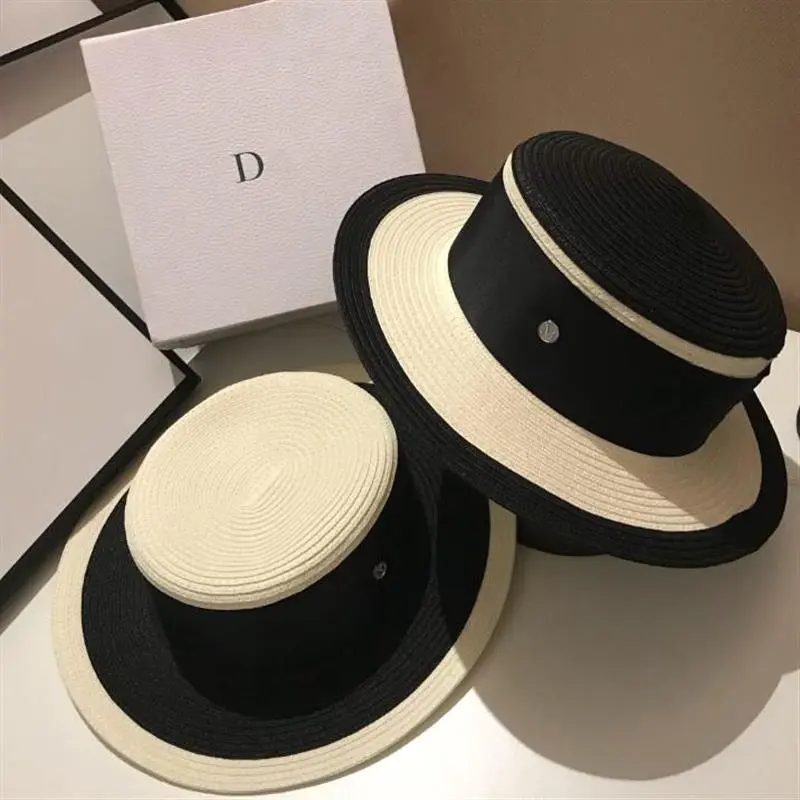Chic Flat Top Elegant Straw Hat Versatile British Retro Panama Outdoor Travel Hat With Ribbon Band