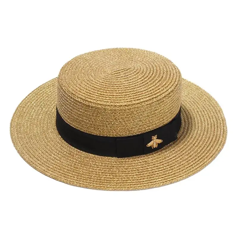 Women's Sun Summer Boater Straw Hat Fashion Shine Gold Flat Top Sunshade Sequins Bee Designer Vacation Panama Beach  Hat