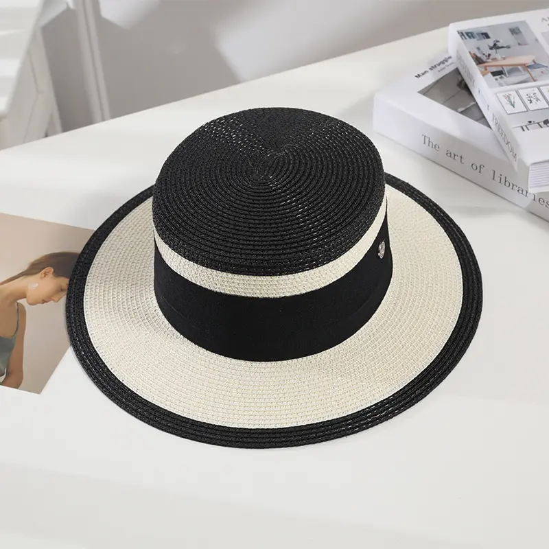 RH Hepburn French Fragrance Style Colorful Gift Hat Women Travel Patchwork Weave Flat Top Hat