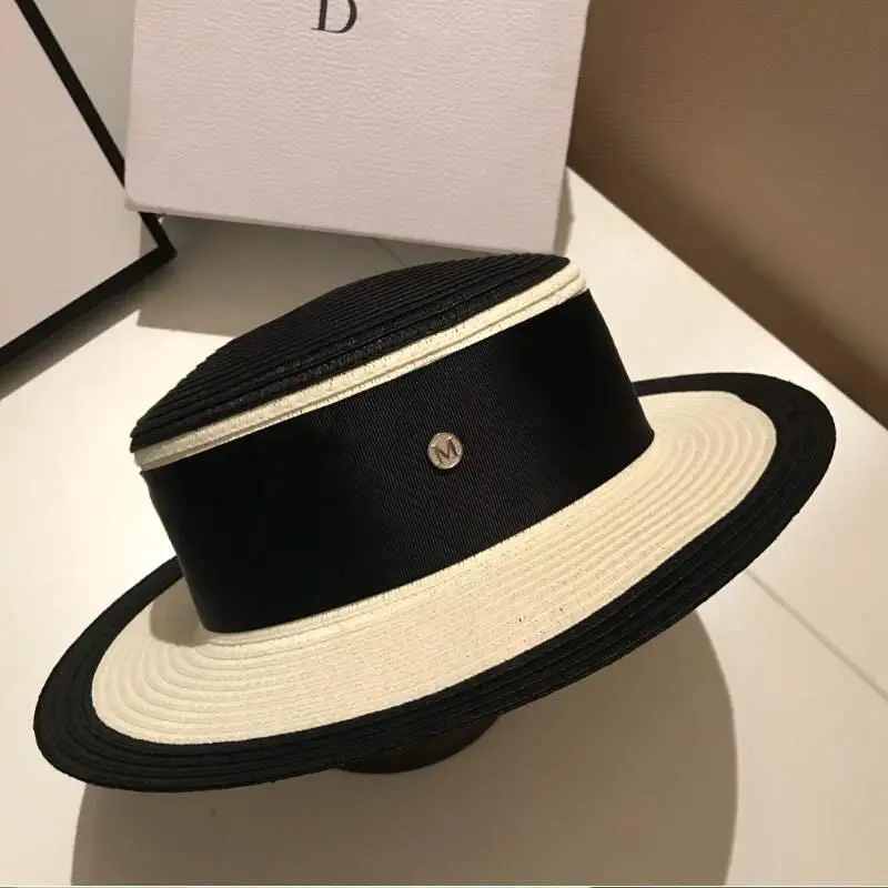 Chic Flat Top Elegant Straw Hat Versatile British Retro Panama Outdoor Travel Hat With Ribbon Band